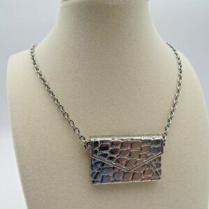 Vintage‎ Silver Tone Locket Purse Necklace Long Chain Faux Alligator Clutch 34"